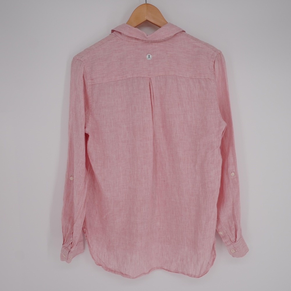 Barbour Linen Button Up Shirt Womens 6 Pink Collared Roll Tab Striped Casual - Picture 2 of 16